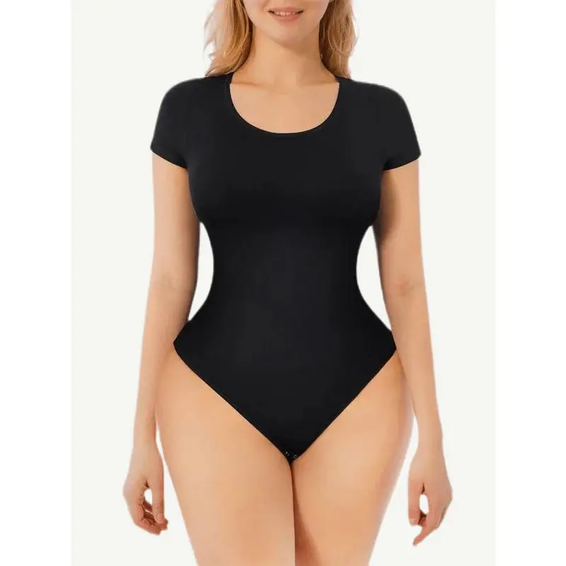 Seamless Thong Bodysuit Shapewear for Women - Short Sleeve Tummy Control, Breathable 92% Nylon 8% Spandex, Snap Crotch, Full Back Coverage, Gentle Bust Support, Invisible Under Dresses & Pants