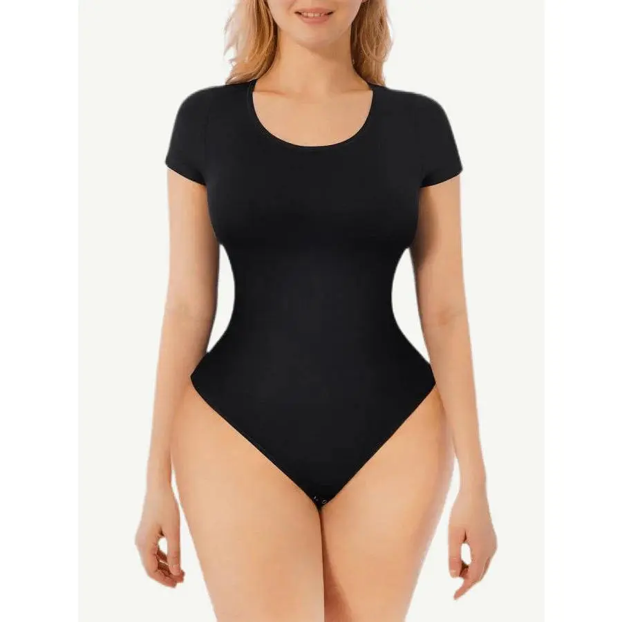 Seamless Thong Bodysuit Shapewear Women | Short Sleeve Tummy Control Sculpting Bodysuit | Crotch Snap Closure | Breathable Nylon Spandex | Everyday Outfit Bodysuit — Black White Womenswear Compression