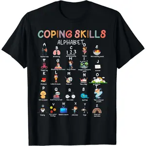 LETOLS [100% Cotton] Colorful Coping Skills Alphabet Therapy Mental Health Awareness T-Shirt