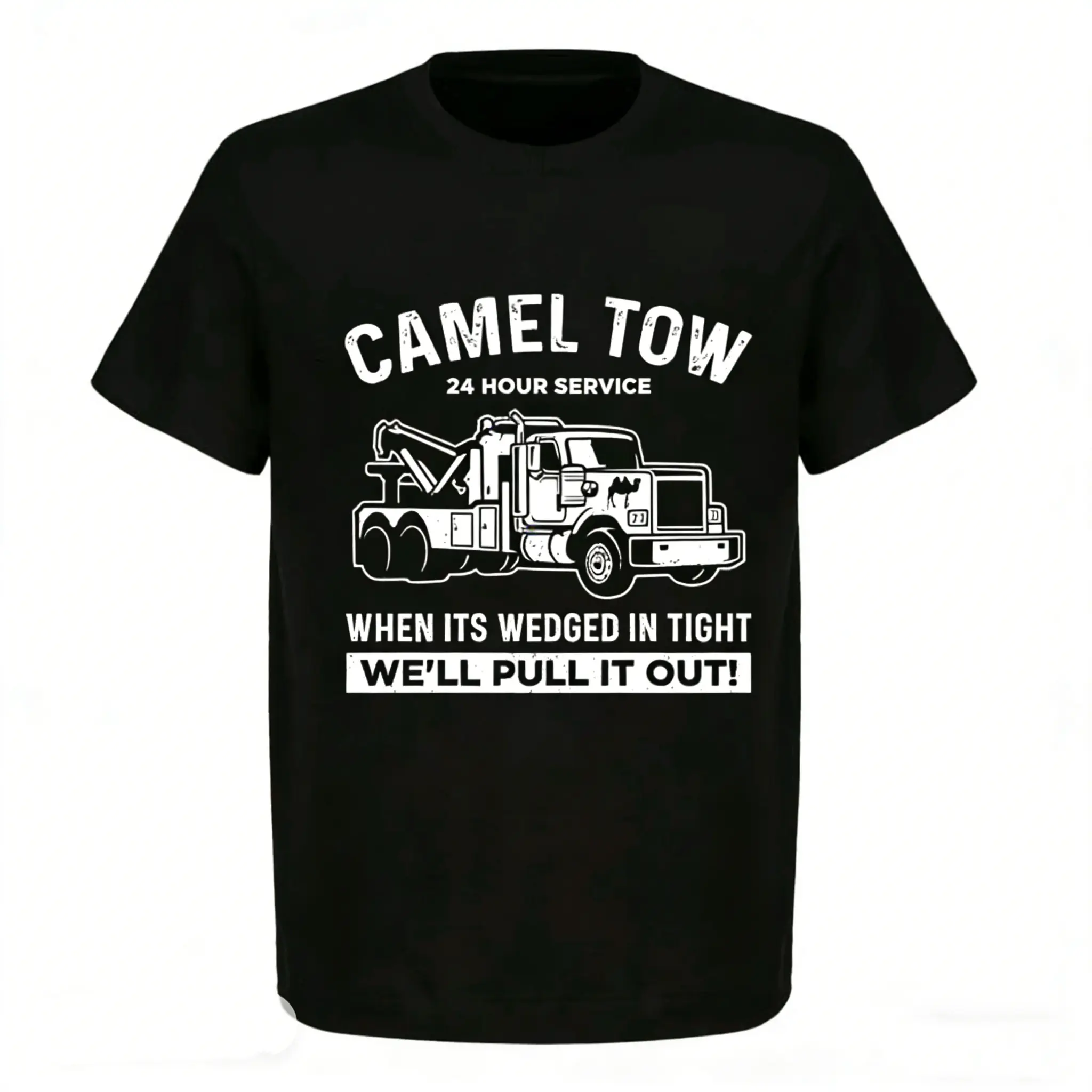 "Camel Tow 24 Hour Service Funny T-Shirt | Adult Humor Tow Truck Graphic Tee | Sarcastic Offensive Joke Apparel for Men" Fabric Tropical Shortsleeve Streetwear Tshirt Blue Top Menswear