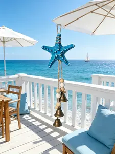 Deep Blue Starfish Bell, Mediterranean Style, Creative Home Decor, Wooden Bell, Shell Wind Chime, Entryway Balcony Hanging, Bag Pendant