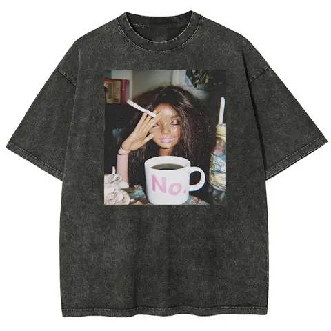 Men's Oversized Vintage Print Washedblack T-Shirt - Unisex Casual Menswear Top, Distressed Garment-Dyed Heavy Cotton Fabric, Relaxed Fit, Ribbed Neck, Short Sleeves, Double-Stitching Hem, Preshrunk, True To Size, 2XL Streetwear Top