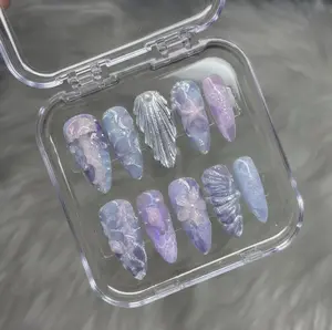 Handmade Ocean Jellyfish Press on Nails, 3D Mermaid Shell Purple Blue Almond Gel Nails