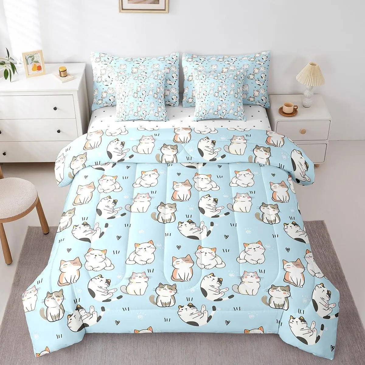 Feelyou Kawaii Garfield Cat Bedding Set - Full Size 7-Pcs, Breathable Matching Bedding, Cozy Chic & Gentle Soft Printed Blanket, Soft Warm Paw Print & Love Heart Sheets, Bed Bag, Multi-Size Options, Boys' Thanksgiving Birthday Gift, Animals Bedding Sets