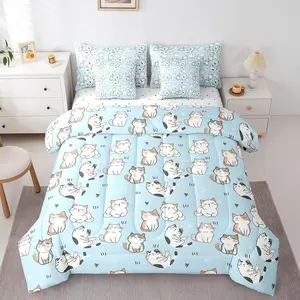 Cat 7 Piece Comforter Bed Set,Bed Bag,Kawaii Garfield Cat Bedding Set,Kids Boys Girls,Paw Print Love Heart Bed Sheets,Cartoon Animals Soft Sheet Set