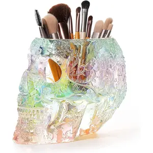 Skull Makeup Brush Holder, Pen Holder, Vanity, Desk, Office Organizer, Stationary, Decor Planter, Candy Bowl, Goth Decorations, Extra Large, Skulls Gothic Skull & Bones Organizer Bathroom (iridescent)