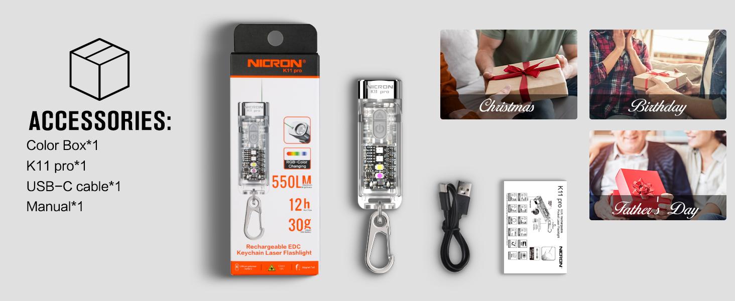 Summervibe Nicron K11 Pro Magnetic Keychain Flashlight, 550 Lumens RGB & UV Laser Light, 12H Runtime, 82M Beam, IPX4 Waterproof Rechargeable EDC Light for Outdoor Camping Emergency Use