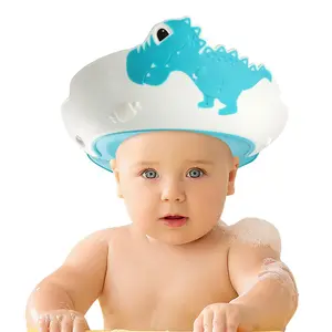 Baby Shower Cap for Kids, Baby Bath Shampoo Visor Cap Hair Washing Shield Adjustable Silicone Bath Hat for Toddler Girls and Boys (Dinosaur,Blue)