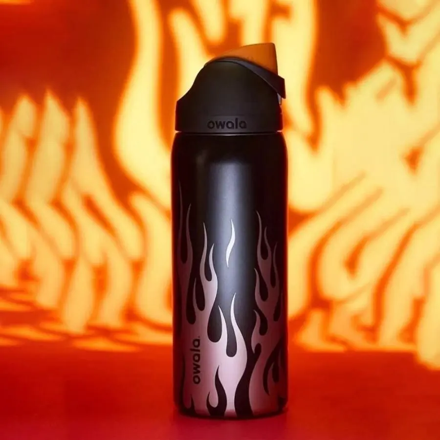 New Owala Black Flame Tumbler Cup, Insulated Water Bottle with Straw Lid, Trendy Design Travel Cup for Outdoor Activities