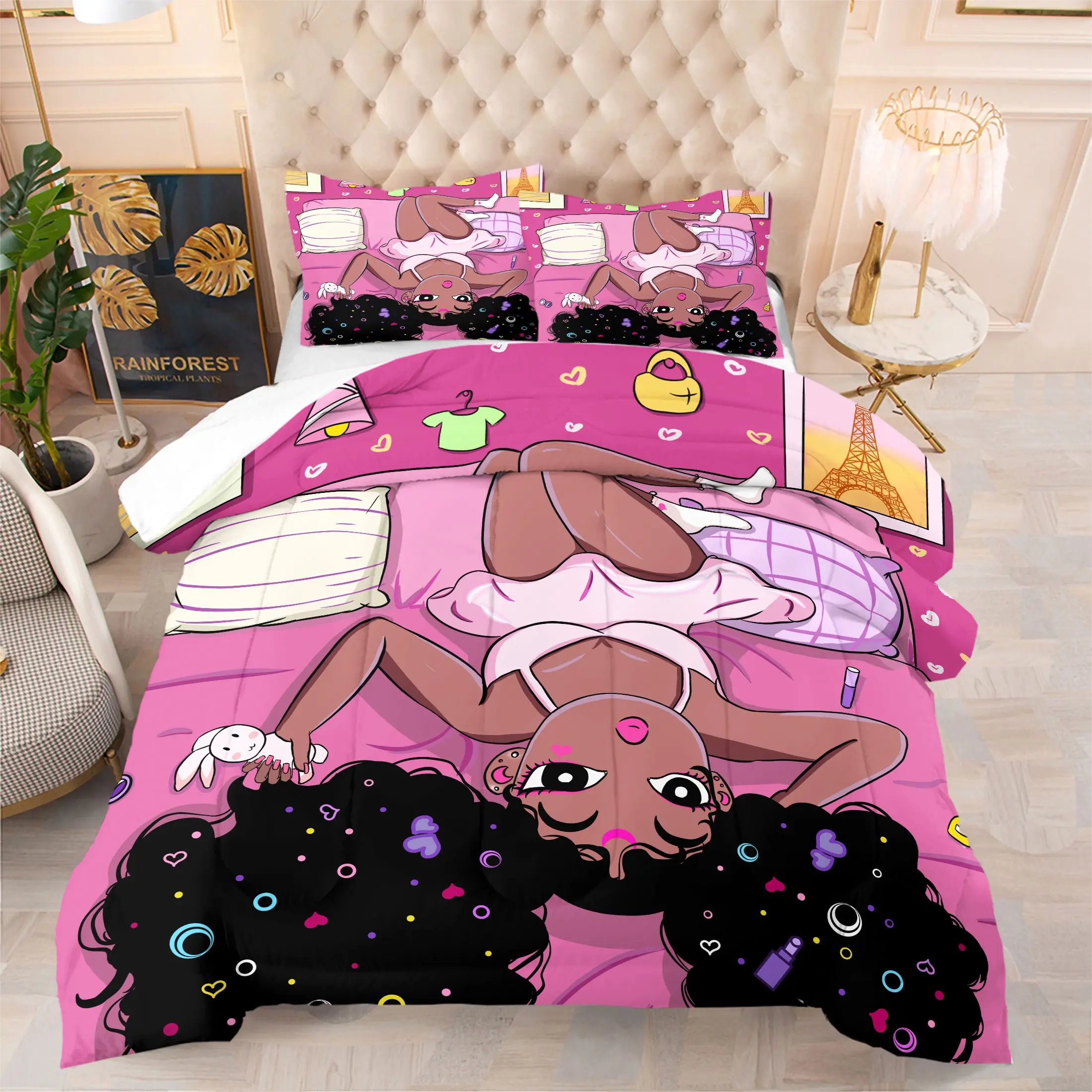 Black Girl Magic Cartoon Comforter Set,Bed Linens,Includes 1 Comforter and 1-2 Pillowcases,with Adorable Cartoon Character & Trendy Pink Room Style,Perfect for Bedroom,Dorm,Kids Room,Teen Girls Room Decor,Versatile Use,Washable Bedding Supplies