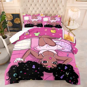 Black Girl Magic Cartoon Comforter Set,Includes 1 Comforter and 1-2 Pillowcases,with Adorable Cartoon Character & Trendy Pink Room Style,Cute Cartoon Printed Bedding Set,Perfect for Bedroom,Dorm,Guest Room,Kids Room,Teen Girls Room Decor