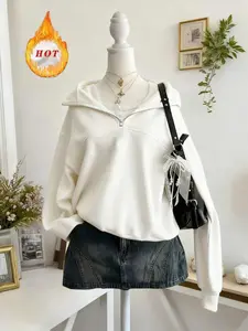 Women's Loose-Fit Zipper Pullover Sweater, Back-To-School Graduation Teacher Casual Daily Wear, Fall Fashion Kint Fabric