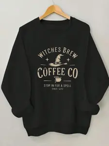 Women's Halloween Letter Print Sweatshirt, Casual Round Neck Long Sleeve Top, Fitted Moderate Fabric, Fall & Winter Fashion