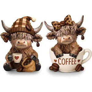 2 count Highland Cow Figurines Coffee Highland Cow  Scottish  Statue  Lovers Gifts for Christmas  Garden Kitchen Office Tiered Tray Table Decor