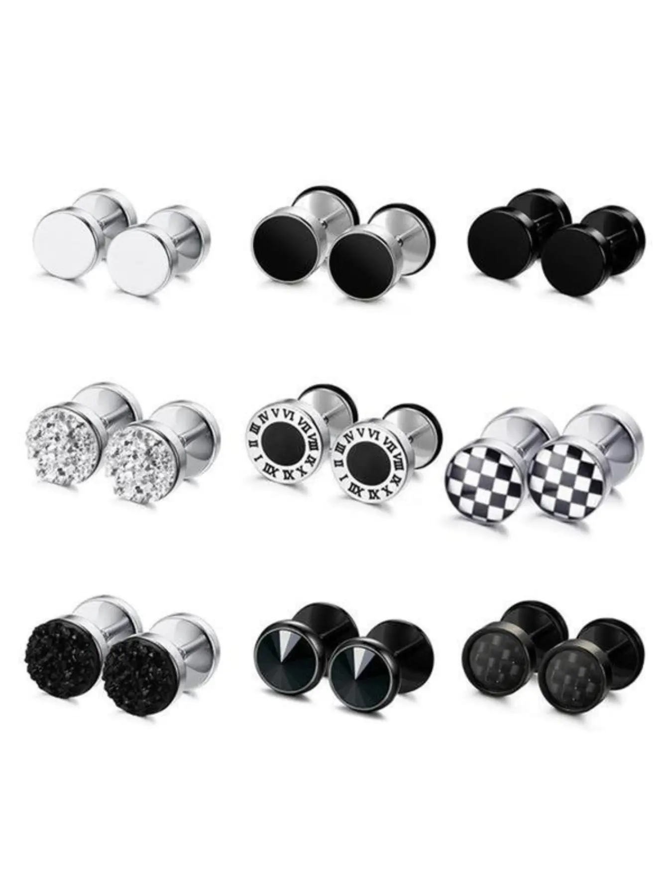 9 Pairs Fake Gauge Earrings Unisex Stainless Steel Studs Round Faux Ear Plugs Men Women Fashion Jewelry Accessories Styling Versatile Earrings Jewellery