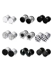 9 Pairs Fake Gauge Earrings Unisex Stainless Steel Studs Round Faux Ear Plugs Men Women Fashion Jewelry Accessories Versatile Earrings
