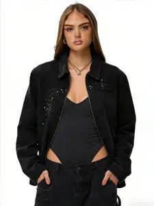 FDR Hotfix Rhinestone Washed Denim Jacket Cardigan - Unisex Zip Up Vintage Streetwear Sweatshirt Winter Fall Spring  Womenswear Casual Tops Coats
