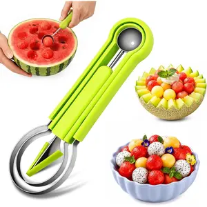 Suuker 4 in 1 Melon Baller Scoop Set, Stainless Steel Fruit Cutters Shapes, Watermelon Scooper and Baller, Fruit Carving Tools (Green)