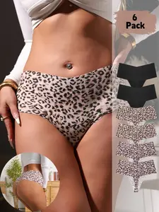 Fashion Leopard Print Elastic Women's Underwear, High Waisted Seamless Breathable Thong Panties, Sexy Elegant Comfortable Fit All Seasons Pack of 6