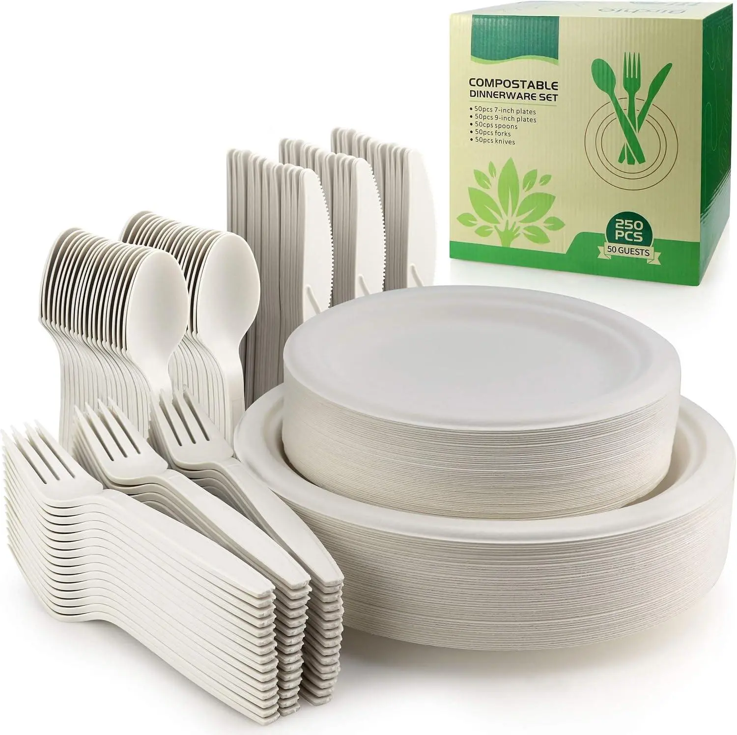 250 Piece Biodegradable Paper Plates Set (EXTRA LONG UTENSILS), Disposable Dinnerware Set, Eco Friendly Compostable Plates & Utensil include Plates, Forks, Knives and Spoons for Party