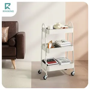[FathersDayGift] RIMIKING 3-Tier Metal Rolling Storage Cart, Utility Organizer with Lockable Wheels, Heavy-Duty for Kitchen, Office, Bathroom, Pink