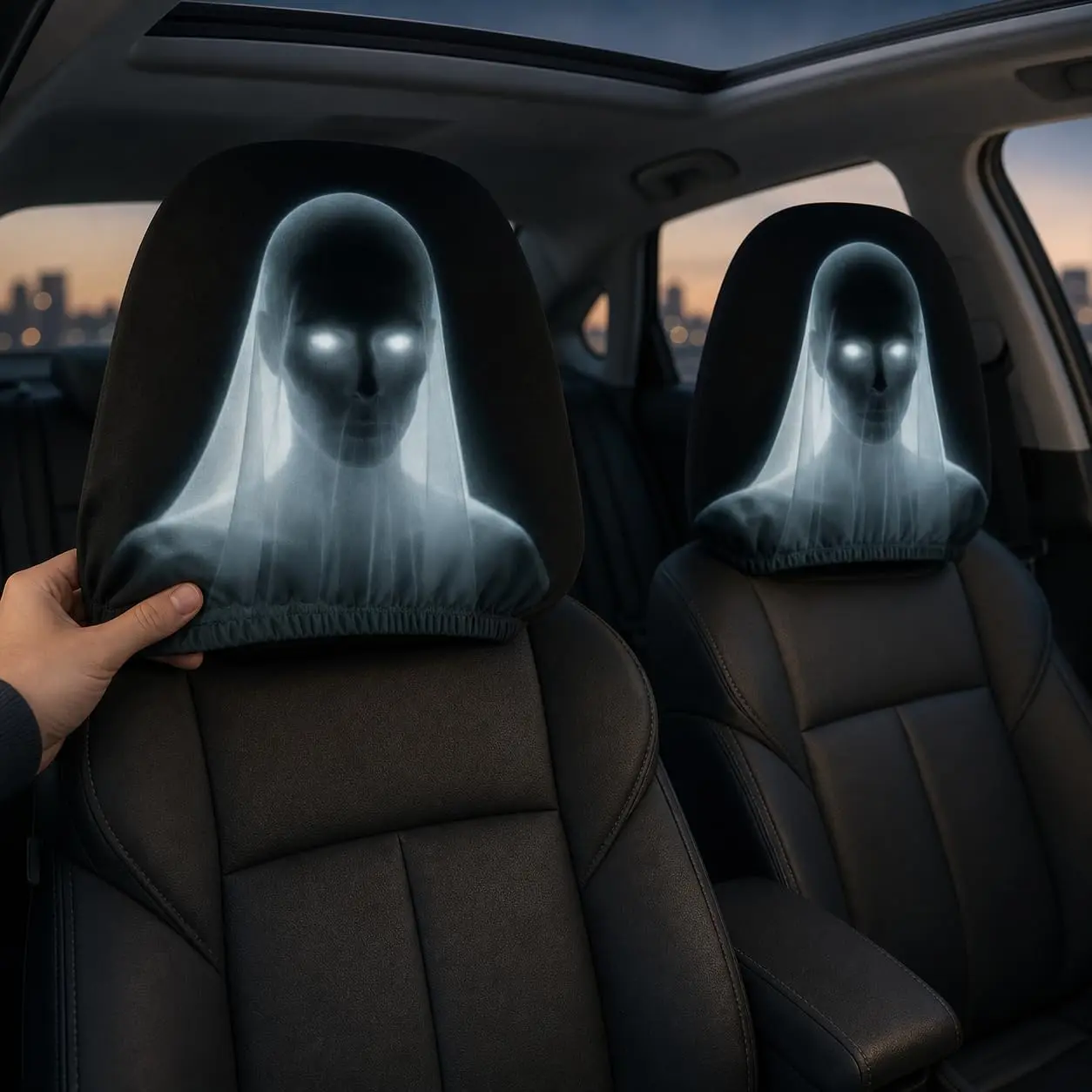 Car Seat Headrest Covers 2pcs, Ghost Bride Glowing Eyes Design Headrest Protector, Fits Many Standard Car Interior Accessory for Halloween Decor, Road Trips and Outdoor Travel