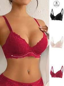 3/4/6Pack, Lace bras, solid color lace spliced women's bra, adjustable straps, push-up high-support underwire bra, embroidered surface pattern, suitable for casual/party/sports, four-row three-hook back, non-removable fixed padding, everyday women bar