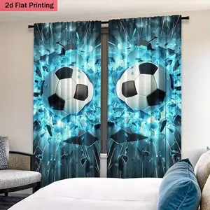 2pcs HD Digital Print Football Pattern Curtains, Polyester Material, Semi-Transparent Privacy Protection, Washable, Home Decoration Curtain