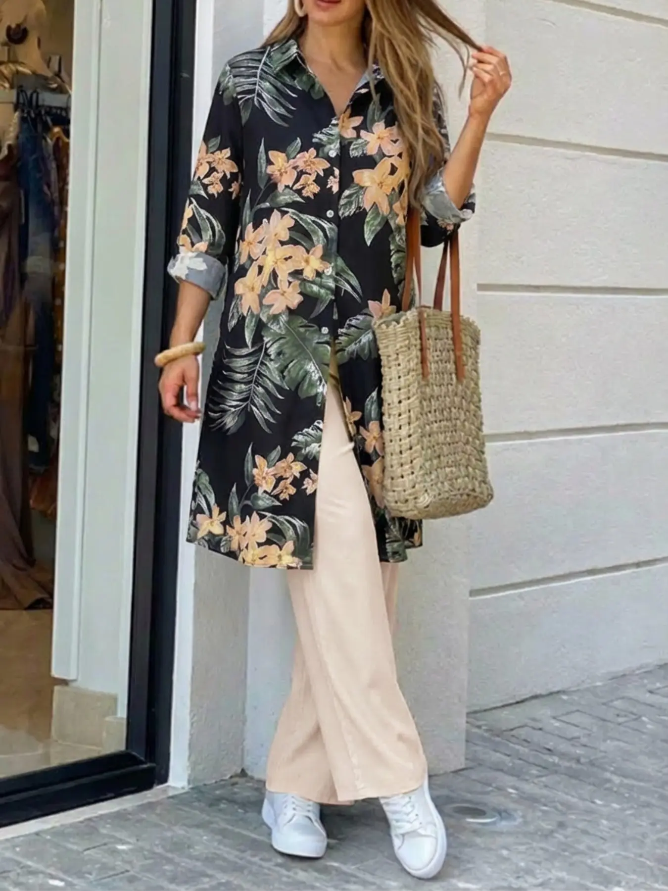 Women's Ditsy Floral Print Long Sleeve Top & Straight Leg Pants Two-piece Summer Outfits Set Matching Outfit, Lady Casual Style Fashion Cozy Top & Trousers for Daily Outdoor Wear, Women's Clothing for Spring & Fall, Printed Pants Set