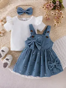 Baby Girl 3-Piece Set, Casual Short Sleeve T-Shirt, Striped Dress with Large Bow, Elegant Style, Includes Hair Band