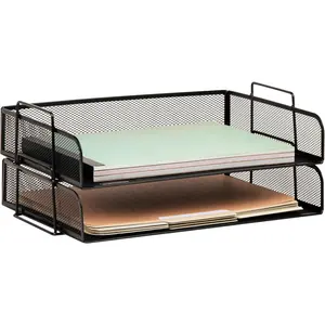 Stackable Paper Tray, Desktop Organizer, File Storage, Office, Metal Mesh, 2 Pcs., Black
