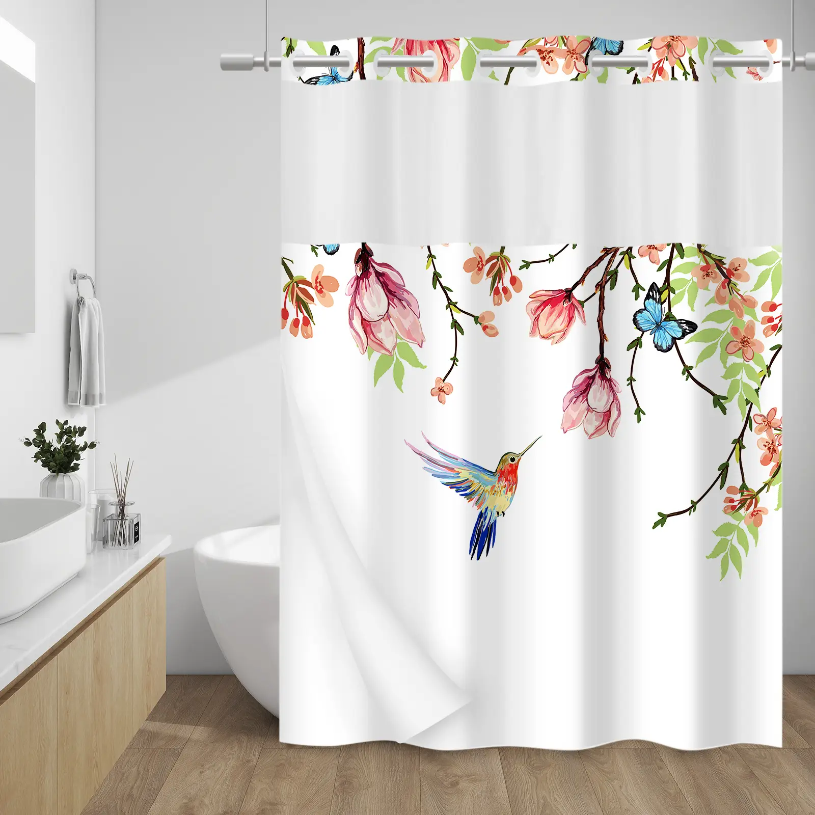 WITHLOC No Hook Shower Curtain with Snap in Liner - Watercolor Floral Shower Curtain - Fabric Waterproof Inner Liner, Plants Flowers White Cloth Showe