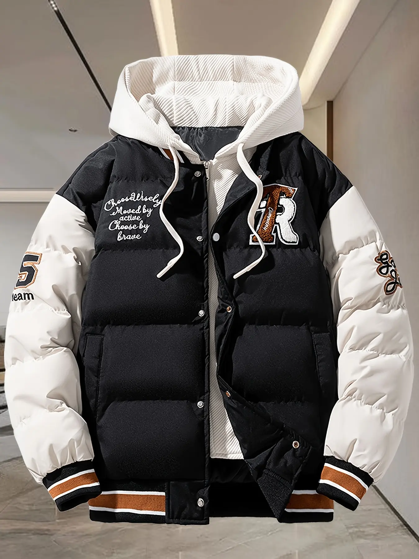 Men's Casual Hooded Jacket, Loose Fit Polyester Outerwear with Letter Graphic, Zip-Up Front and Pockets for Autumn Winter, Letters