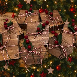 Initial Coasters with Festive Berries and Twine Decorations for Holiday Table Settings