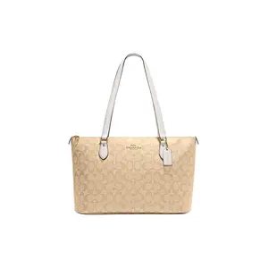 Coach Gallery 36 Classic Monogram Tote Bag with Zipper Closure, Coated Canvas and Recycled Leather, Large Size for Women in Light Khaki