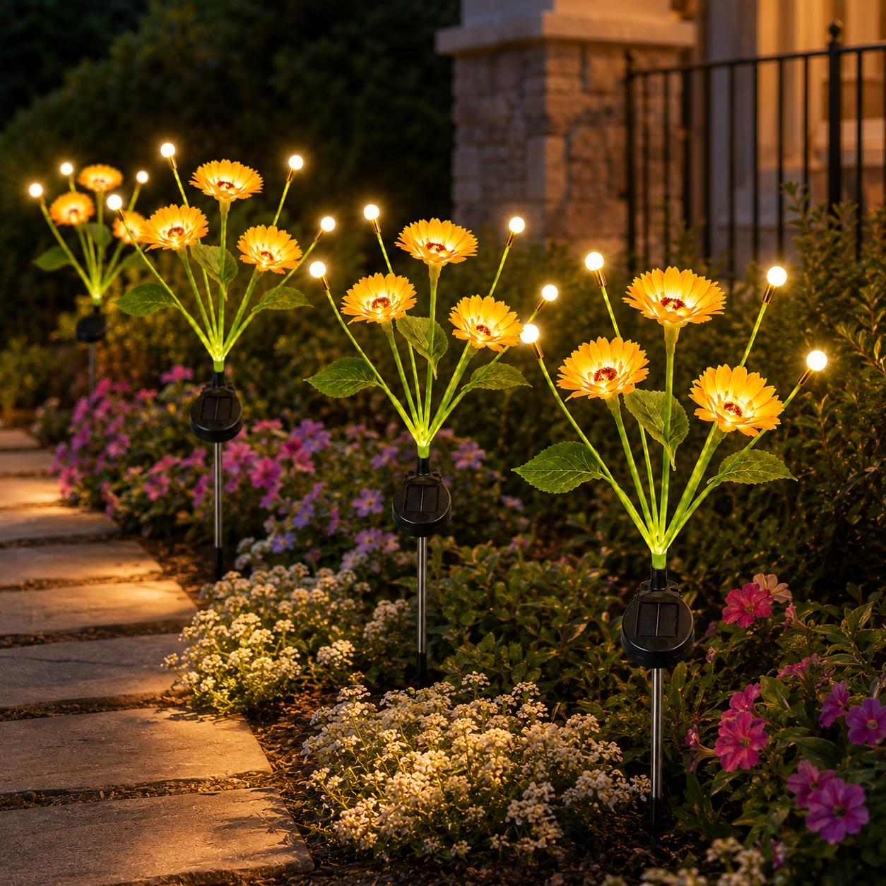 Solar Sunflower Look Decorative , 4-Head LED Solar-Powered Weather-Resistant Warm White Outdoor Landscape Stake  for Yard Patio Lawn Decor, Solar Decorative  motion angle wall butterfly flower Flickering Pumpkin Tea ip65 waterproof wide angle outdoor