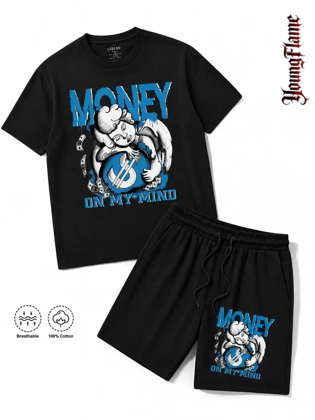 100% Cotton Money On My Mind Angel graphic tees A comfortable summer gift Hustle streetwear y2k clothing Men 2 Piece Set Short Outfit loose fit breathable fabric athleisure workout
