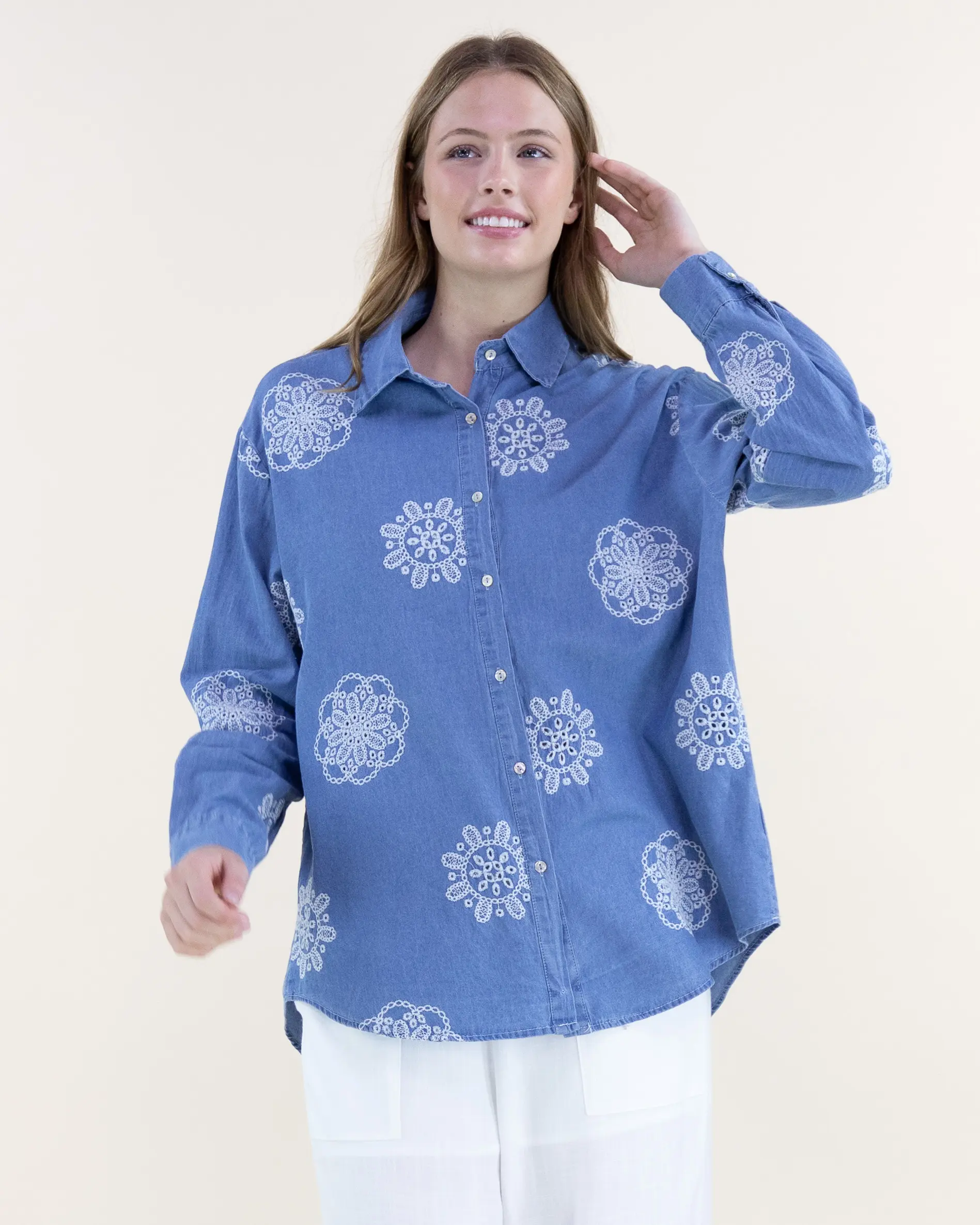 Cotton Denim Chambray Floral Medallion Button-Up Shirt