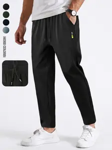 Men's Workwear Long Pants with Pockets and Drawstring, Casual Fitted Style, Plain Pattern, All Seasons Fashion