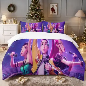 Animated Concert Girls 2/3pcs Duvet Cover Set Quilt Cover Set Short Black Long Purple Pink Hair Characters Turquoise Yellow Outfit Stage Background Perfect for Teens Kids Bedroom Vibrant Concert Themed Bedding with Pillowcases