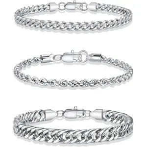Silver Stackable Bracelets Set for Men Non Tarnish - Stainless Steel Bracelet Stack Rope Figaro Paperclip Cuban Link Chain Bracelets Sets for Men Jewelry Gifts 7.5/8.3/9.0 Inches-USA