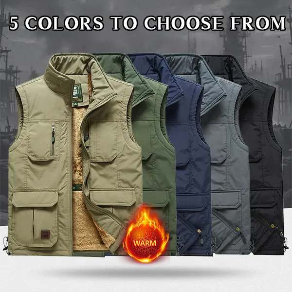 Men’s fleece work vest, available in 5 colors, thickened lambswool for autumn/winter, stand collar, multiple pockets, warm vest