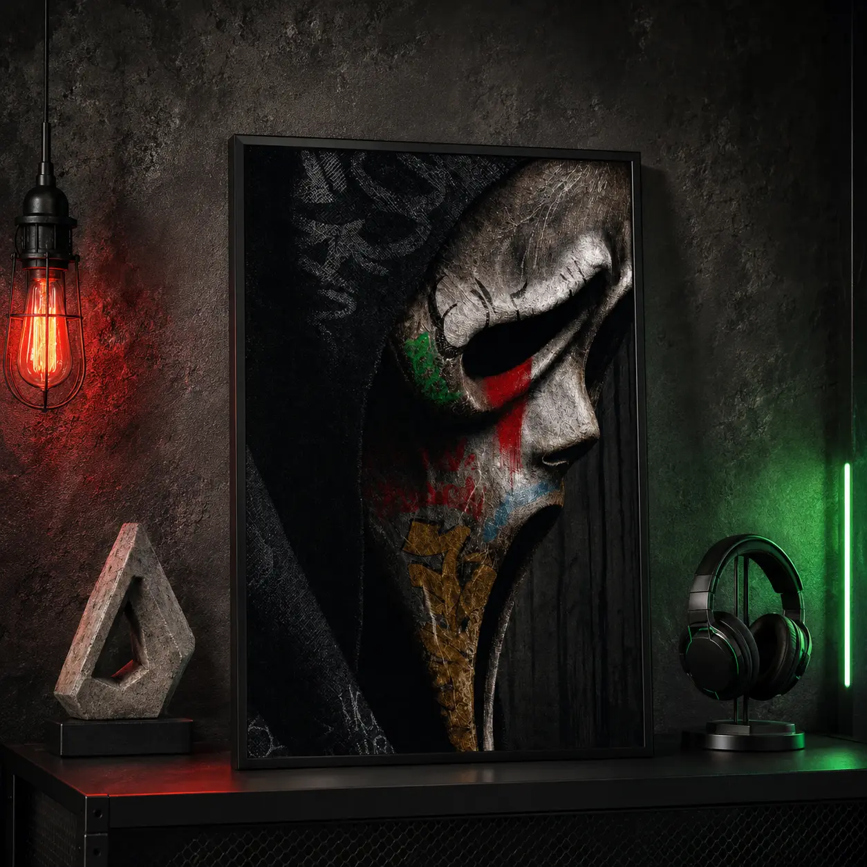 Ghostface Graffiti Poster, Scream Mask Horror Wall Art, Black Grunge Street Art Canvas Print, Dark Gothic Halloween Decor for Bedroom, Gaming Room, Horror Movie Fan Gift
