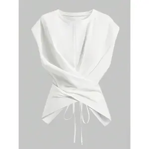 Women's knitted round-neck drop-shoulder T-shirt, fashionable, casual, and unique with an asymmetrical cross-back tie design, suitable for spring and autumn wear