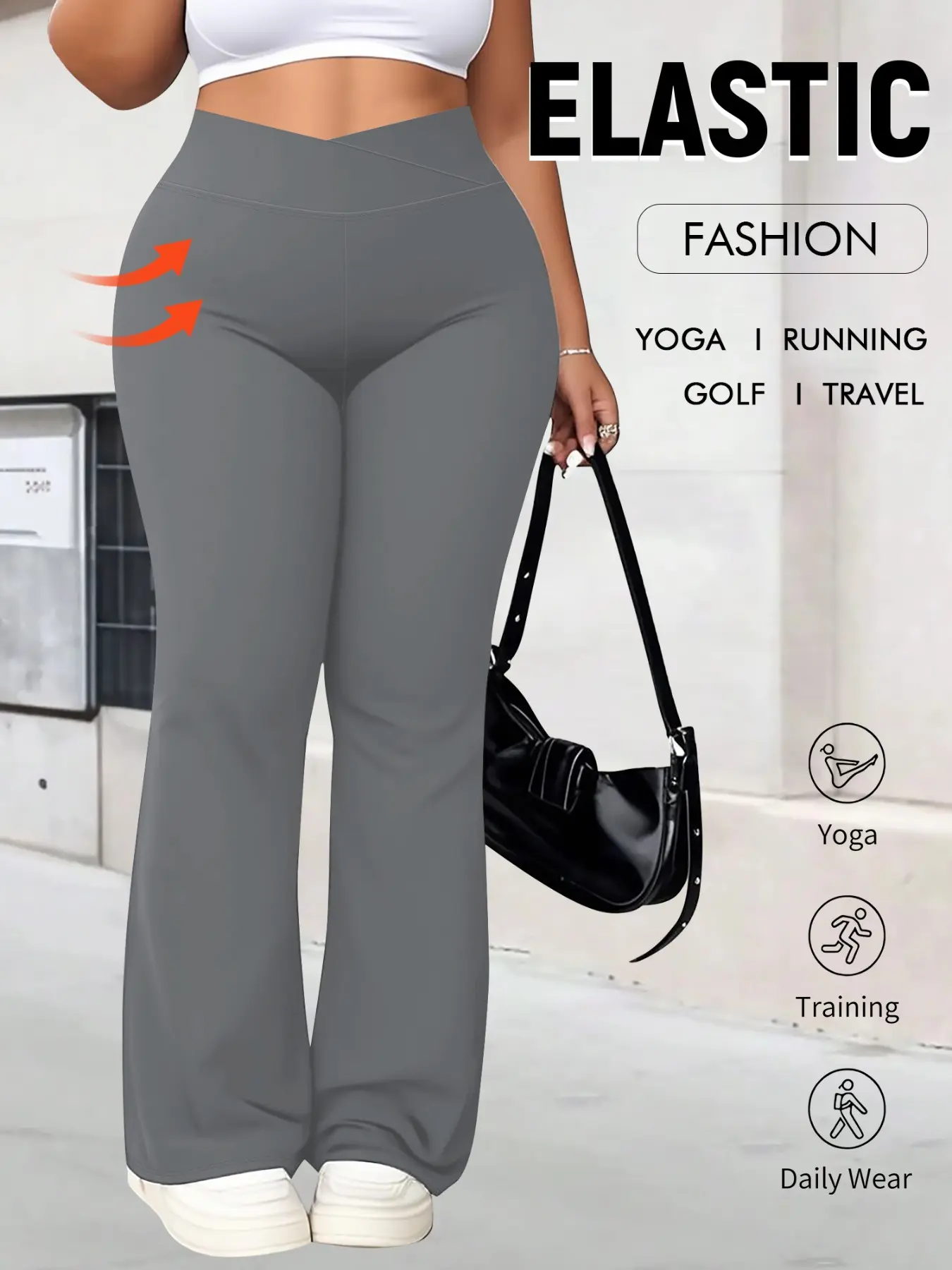 Plus Size Cross Waist High-Waisted Flare Yoga Pants, Tummy Control Butt Lifting High Elastic Sportswear, Casual Fitness Long Pants