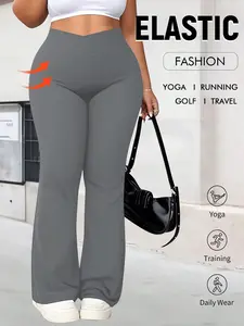 Plus Size Cross Waist High-Waisted Flare Yoga Pants, Tummy Control Butt Lifting High Elastic Sportswear, Casual Fitness Long Pants