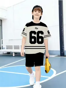 Boys' Junior Fashion Cartoon Pattern 3D Print Summer Round Neck T-Shirt and Shorts Set, Casual Lightweight Comfortable Top, Perfect Gift