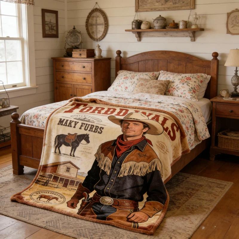 Rustic Western Cowboy Blanket, 280gsm Soft Flannel Fleece Throw Blanket, Vintage Wild West Cowboy Print with Horse & Ranch, Country Western Home Decor for Couch Bed, Gifts for Cowboy Fans