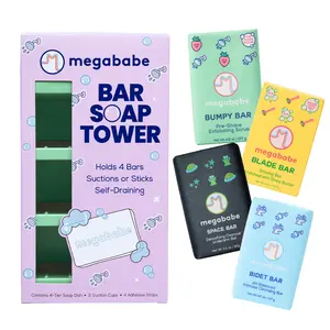 Megababe The Shower Stack | Self-Draining Bar Soap Tower + Full Bar Soap Collection (Bumpy, Blade, Space, Bidet) | 4-Slot Stand Keeps Soaps Dry & Organized