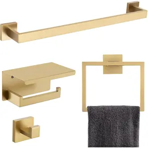 Brushed Gold Bathroom Towel Bar Holder Sets Premium Stainless Steel 4-Piece Wall Mounted Bathroom Hardware Set with Toilet Paper Holder and Shelf